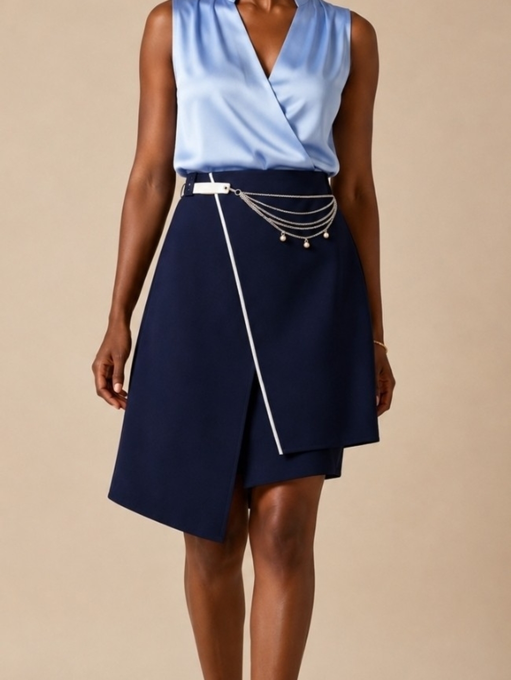 Goya London Asymmetric Wrap Midi Skirt Chain Belt Accent Navy Size UK 10 (US 6)